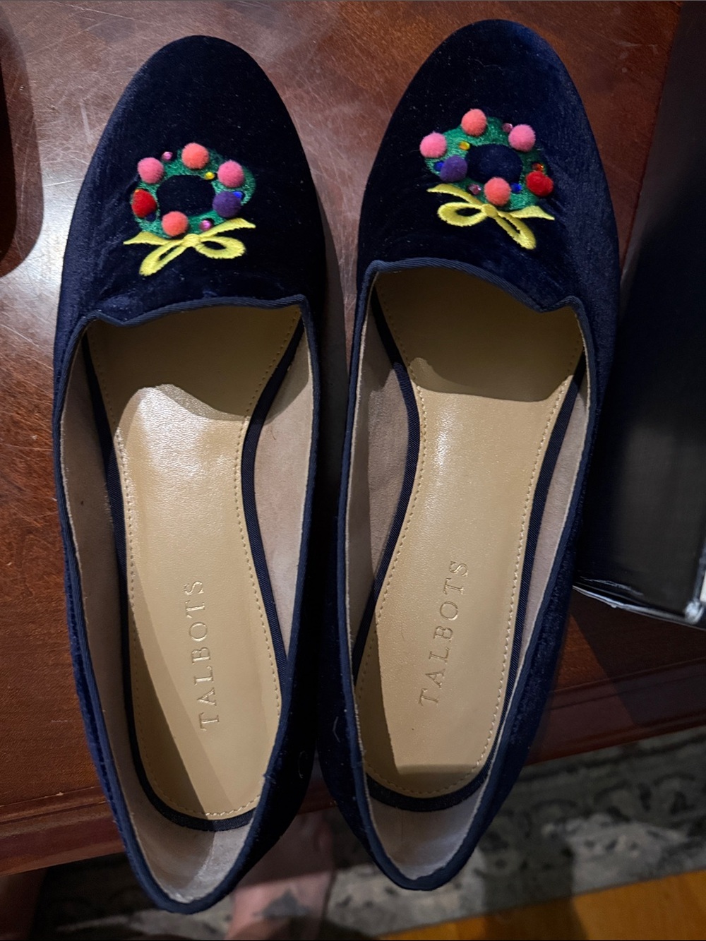 Talbots Navy Velvet Flats with Multicolor Pom Embroidery